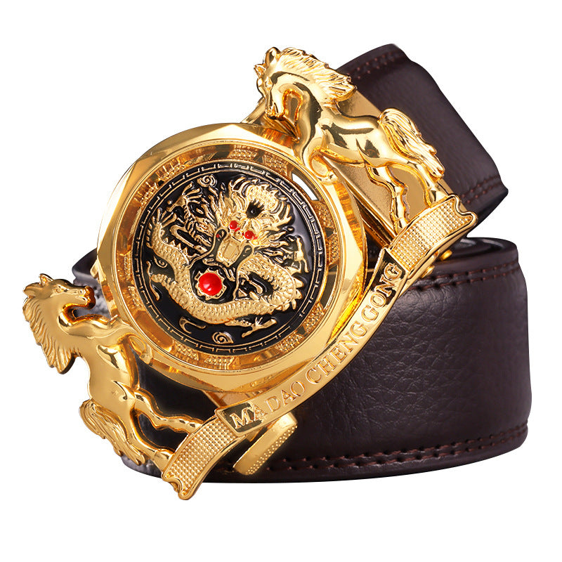 Fortune-Enhancing Leather Belt for Men – Genuine Leather Automatic Buckle Belt with Zodiac Dragon & Horse Rotating Design