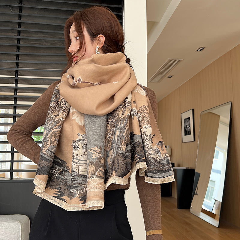 Bufanda de cachemira sintética gruesa y versátil de estilo chino para mujer, ideal para otoño e invierno, ideal para habitaciones con aire acondicionado, protección para el cuello y abrigo de doble uso.