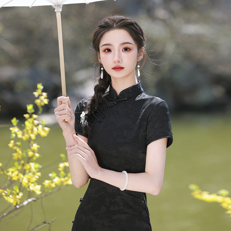 Cheongsam negro de verano mejorado, nuevo, de temperamento delgado, estilo medio y largo, se puede usar en banquetes, vestido estilo Chanel.