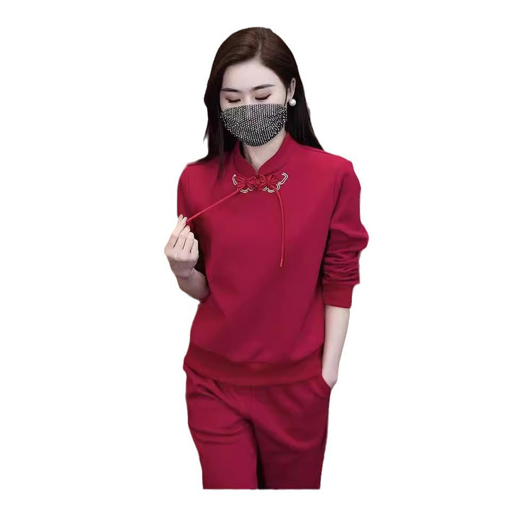 Conjunto deportivo informal de estilo oriental para mujer: primavera y otoño. Conjunto de dos piezas con capucha anudada y pantalón con dobladillo, juvenil y antiedad, de estilo chino.