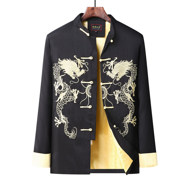 Embroidered Golden Double Dragon Cuffed Tang Suit | Men's Long Sleeve Jacket | Spring, Autumn, and Winter Casual Stand Collar Coat