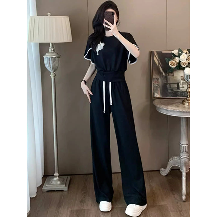 2024 Summer New Collection – Chinese Style Short Sleeve Set for Women, Fashionable & Elegant Casual Sports Set with Wide-Legged Pants, Two-Piece Set