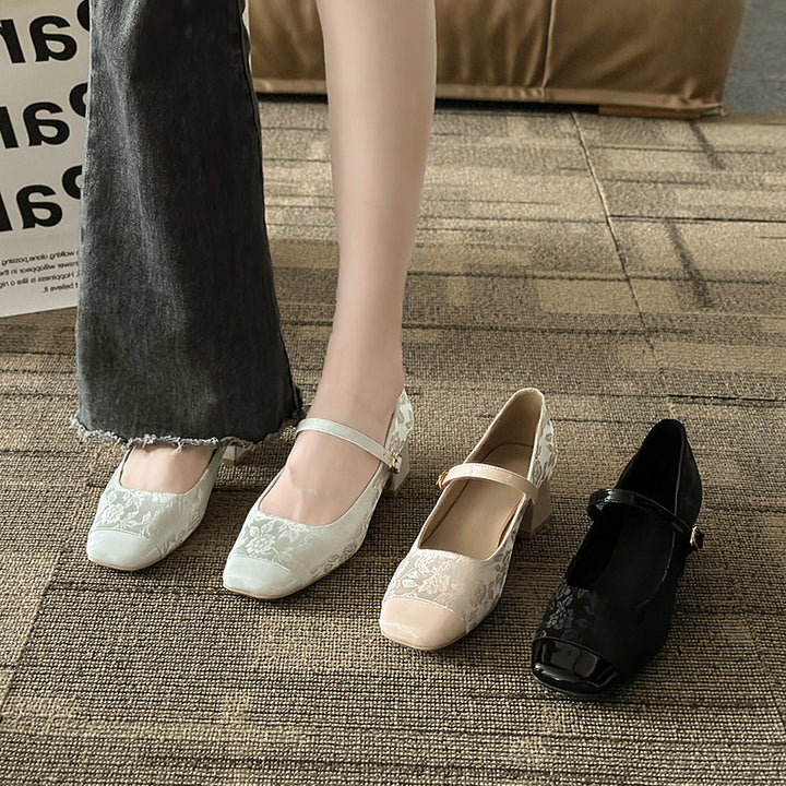 Nuevos zapatos Mary Jane de estilo chino para mujer: Qipao de primavera con tacón grueso, tacón medio, punta cuadrada y elegante diseño de falda Ma Mian.