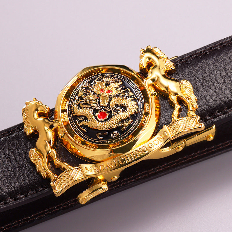 Fortune-Enhancing Leather Belt for Men – Genuine Leather Automatic Buckle Belt with Zodiac Dragon & Horse Rotating Design