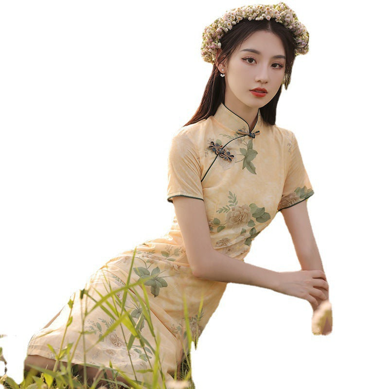 2025 New Summer Improved Cheongsam Women's Retro Chinese Style Medium-length Printed Short-sleeved Ladies Dress