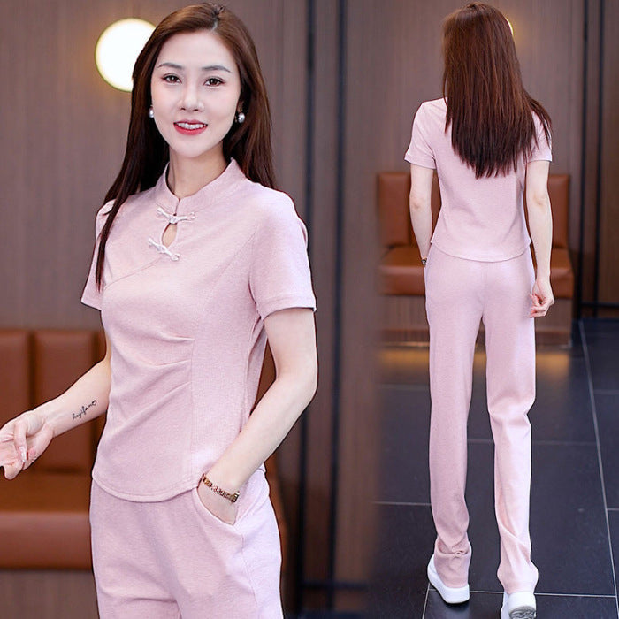 2024 Summer New Chinese Style Casual Sportswear Set for Women – Fashionable National Wind Buttoned Top and Wide-Leg Pants Two-Piece Set