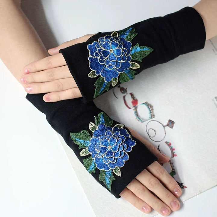 Ethnic Style Half-Finger Gloves for Women, Wrist Guard, Chinese Style Embroidered Half-Finger Gloves, Scar Concealing, Yang Liping Embroidery, Autumn and Winter Warmth, Thickened, Touchscreen Compatible