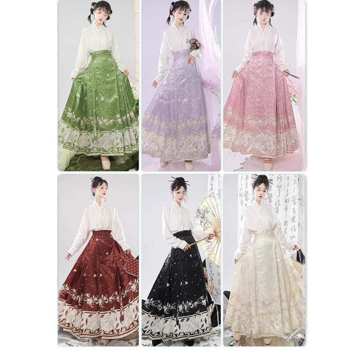 Traje de falda con cara de caballo estilo chino con mangas de avión y cuello cruzado bordado de la dinastía Ming para mujer de Hanfu original, ajustado para uso diario