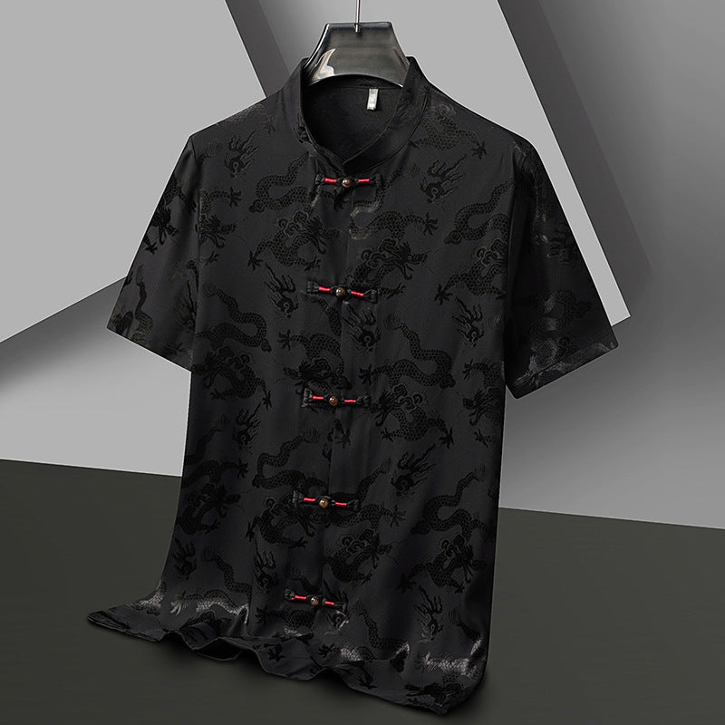 Camiseta de manga corta de alta calidad de seda de hielo de dragón, camisa de estilo chino para hombre