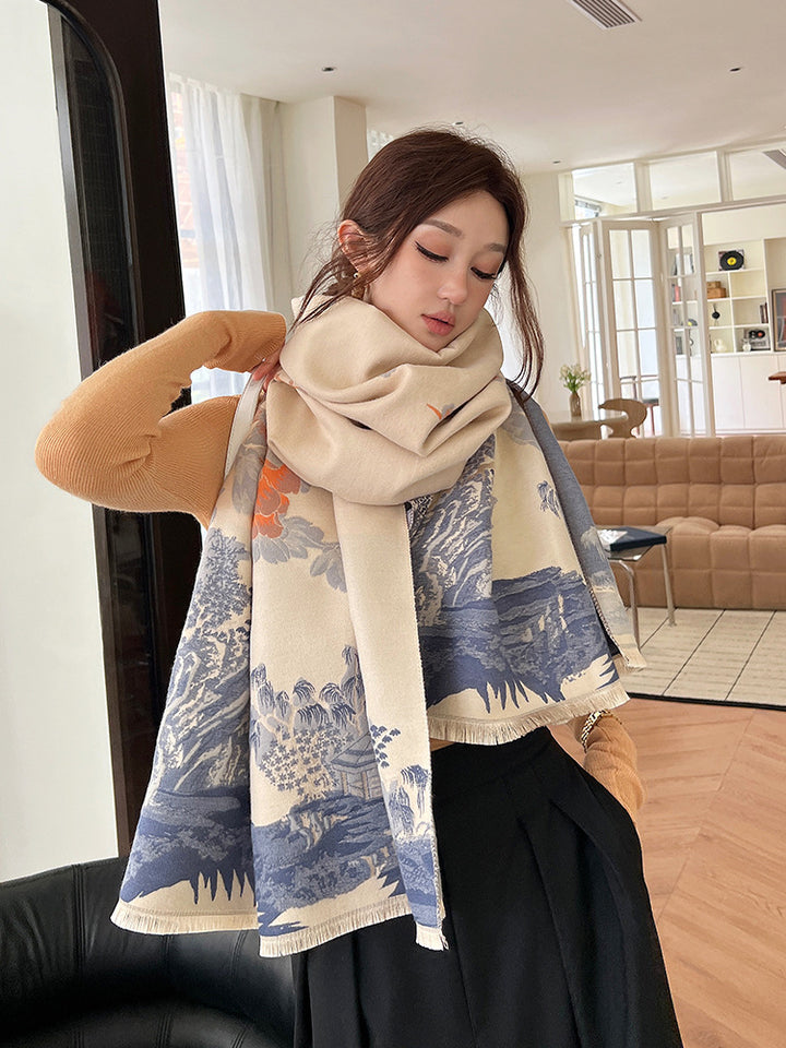 Bufanda de cachemira sintética gruesa y versátil de estilo chino para mujer, ideal para otoño e invierno, ideal para habitaciones con aire acondicionado, protección para el cuello y abrigo de doble uso.