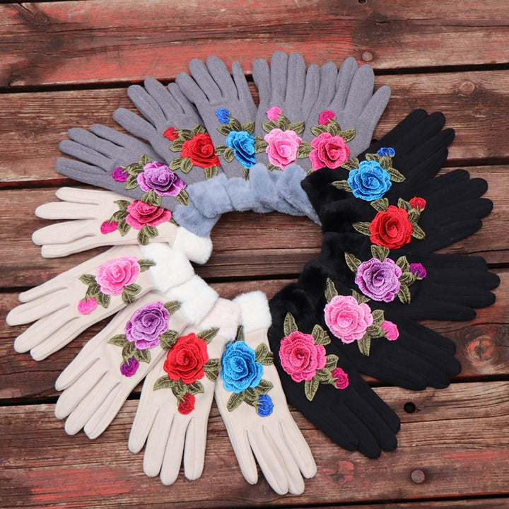 Guantes de dedos completos para mujer: diseño floral bordado étnico de Yunnan con ribete de piel sintética
