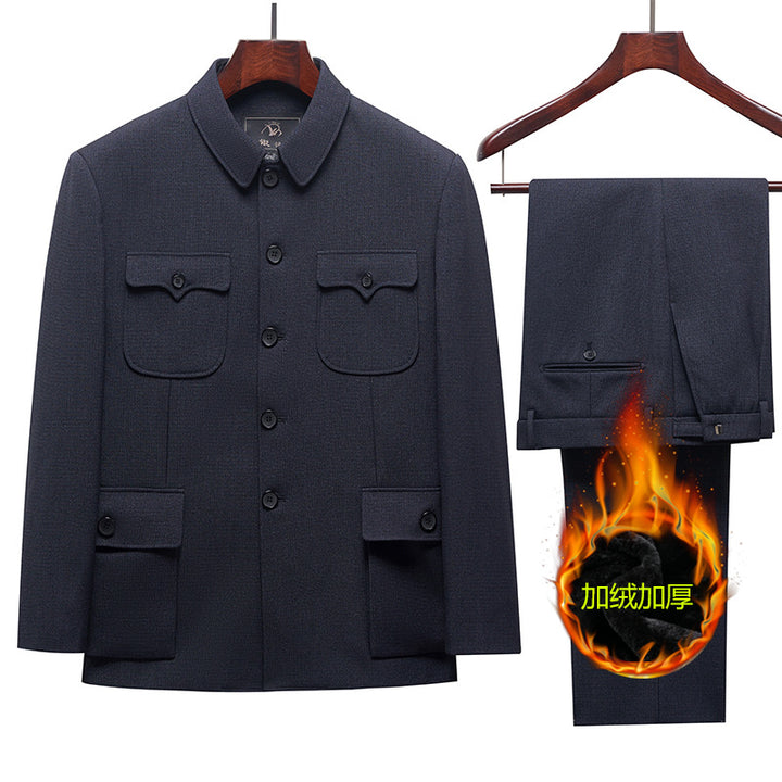 Traje Zhongshan de alta gama para hombres de mediana edad y mayores, traje de otoño e invierno engrosado más traje Zhongshan de terciopelo para papá, abrigo de abuelo anciano