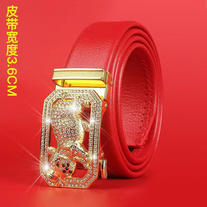 Cinturón del Zodiaco para Hombre: Piel Genuina, Hebilla Automática, Cinturón Rojo para el Año del Zodiaco, Ropa de Negocios e Informal, Regalo de Boda Perfecto