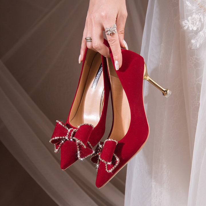 Zapatos de boda Xiuhe estilo chino para mujer 2025, zapatos de boda color vino, tacones altos que no cansan los pies, vestido de novia Xiuhe, zapatos de novia bidireccionales