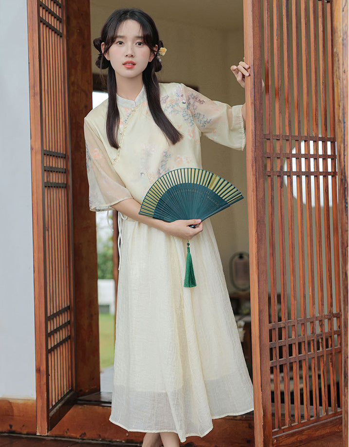 Original new Qingluo new Chinese Zen tea dress fairy girl cheongsam two-piece skirt improved Hanfu summer