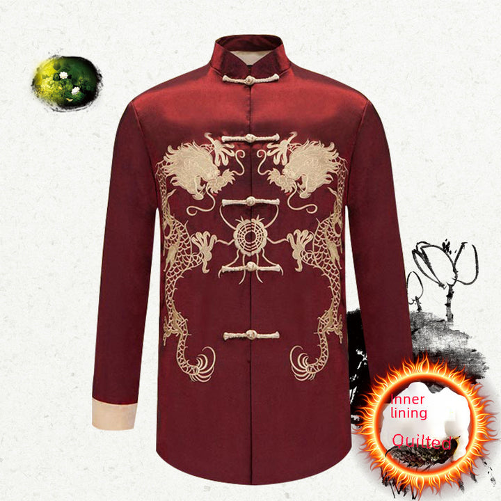 Embroidered Golden Double Dragon Cuffed Tang Suit | Men's Long Sleeve Jacket | Spring, Autumn, and Winter Casual Stand Collar Coat