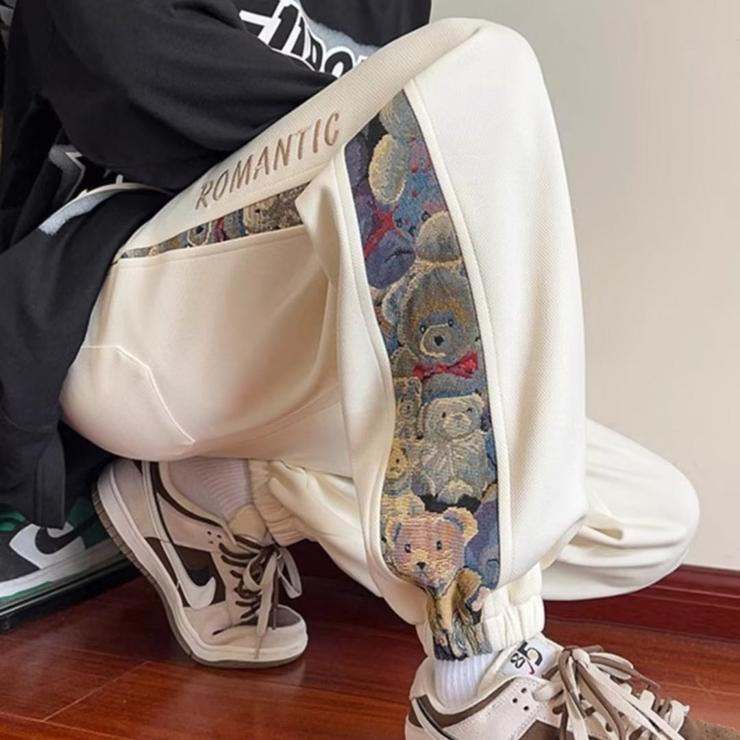 Chinese-Style Bear Embroidery Cuffed Sweatpants for Men | 2023 New Autumn/Winter National Trend Casual Sports Pants