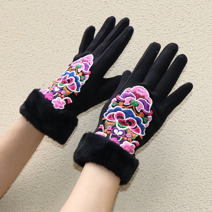 Guantes de dedos completos para mujer: diseño floral bordado étnico de Yunnan con ribete de piel sintética