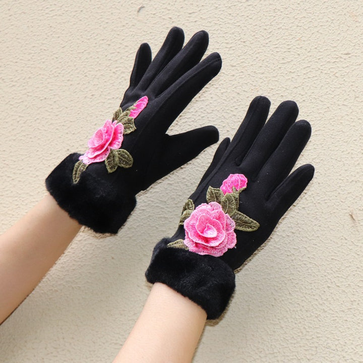 Guantes de dedos completos para mujer: diseño floral bordado étnico de Yunnan con ribete de piel sintética