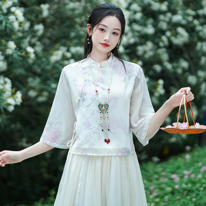 Original new Qingluo new Chinese Zen tea dress fairy girl cheongsam two-piece skirt improved Hanfu summer