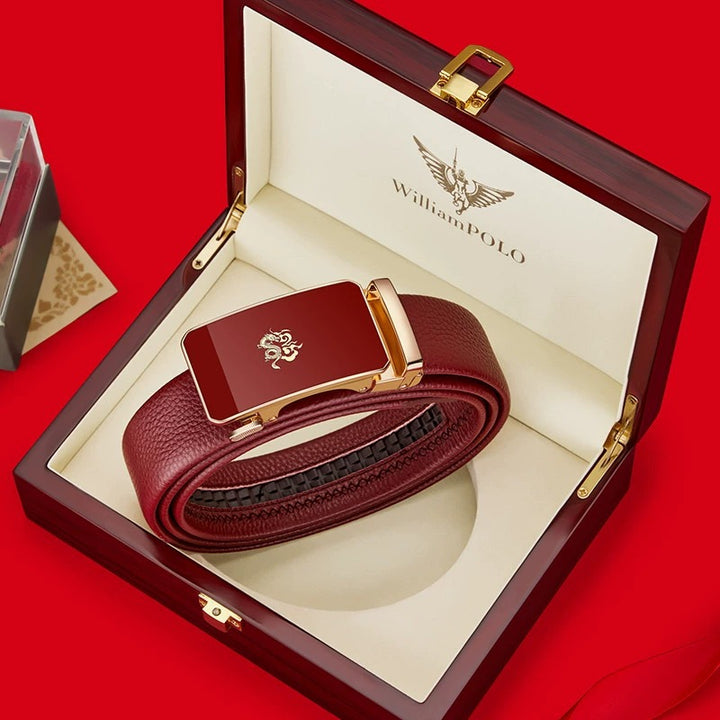 Cinturón de cuero para hombre Paul – Año del Dragón, hebilla automática del zodiaco, cuero genuino, color rojo, nuevo estilo 2024, regalo de boda, venta al por mayor