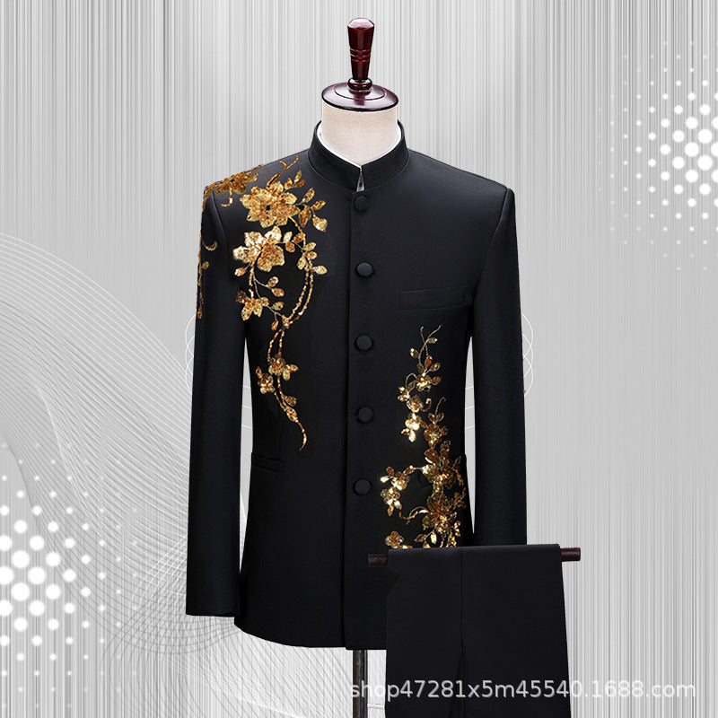 Traje Zhongshan de cuello alto de nuevo estilo chino para hombres jóvenes en la República de China, traje negro, chaqueta de estudiante, traje de actuación de coro de estilo chino
