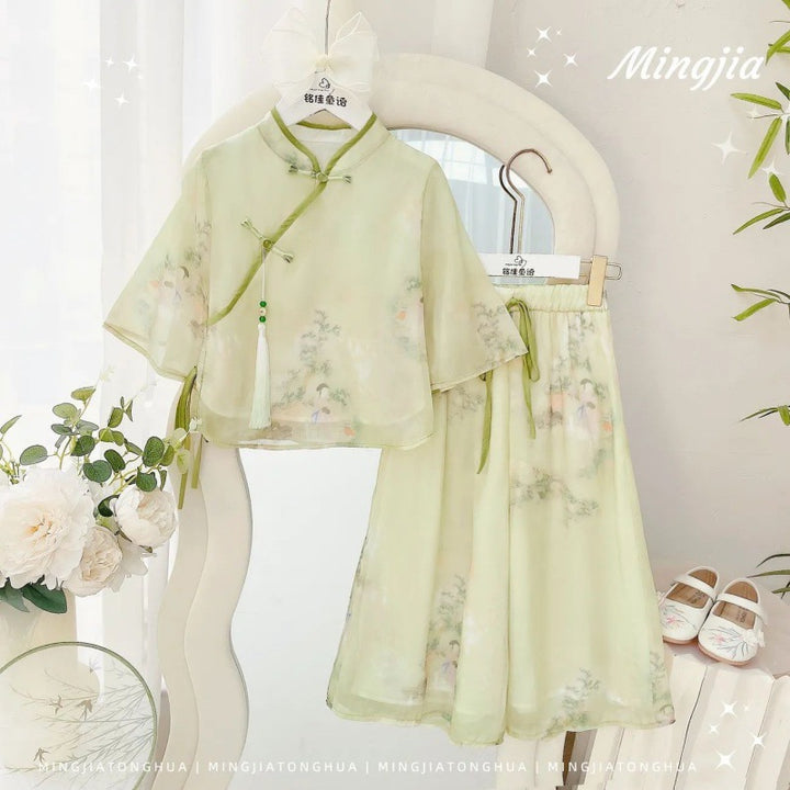 Traje Hanfu de verano para niñas 2024, nuevo estilo chino, traje Tang para niñas medianas y grandes, nuevo traje antiguo chino de manga corta