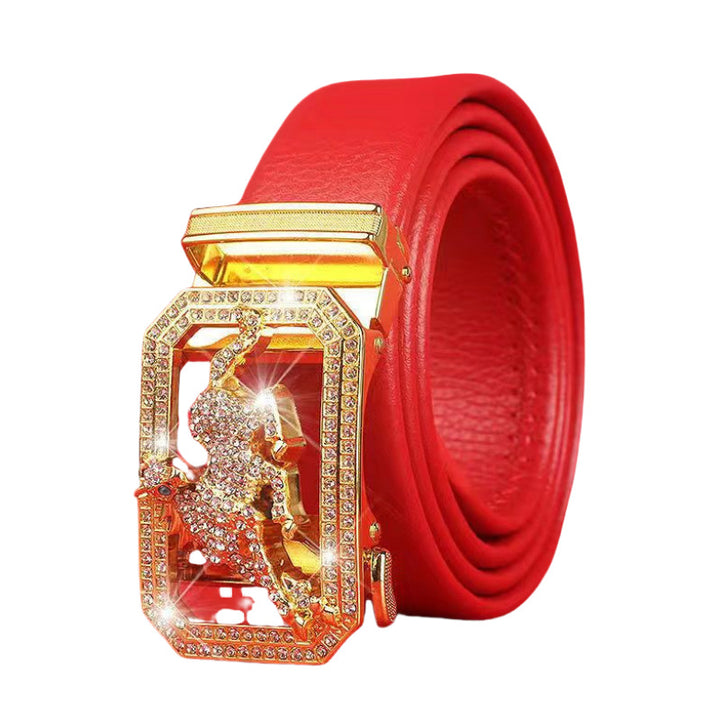 Cinturón del Zodiaco para Hombre: Piel Genuina, Hebilla Automática, Cinturón Rojo para el Año del Zodiaco, Ropa de Negocios e Informal, Regalo de Boda Perfecto