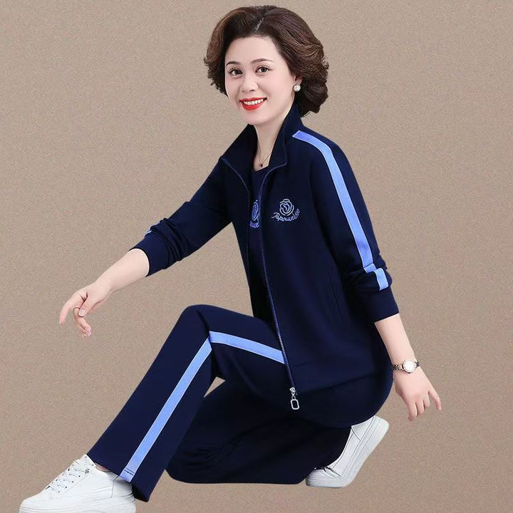 Spring & Autumn Sportswear Set for Moms – New Loose-Fitting Stylish Women's Stand Collar Sweatshirt, Casual Running Three-Piece Set