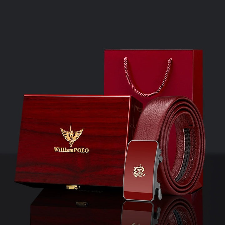 Cinturón de cuero para hombre Paul – Año del Dragón, hebilla automática del zodiaco, cuero genuino, color rojo, nuevo estilo 2024, regalo de boda, venta al por mayor