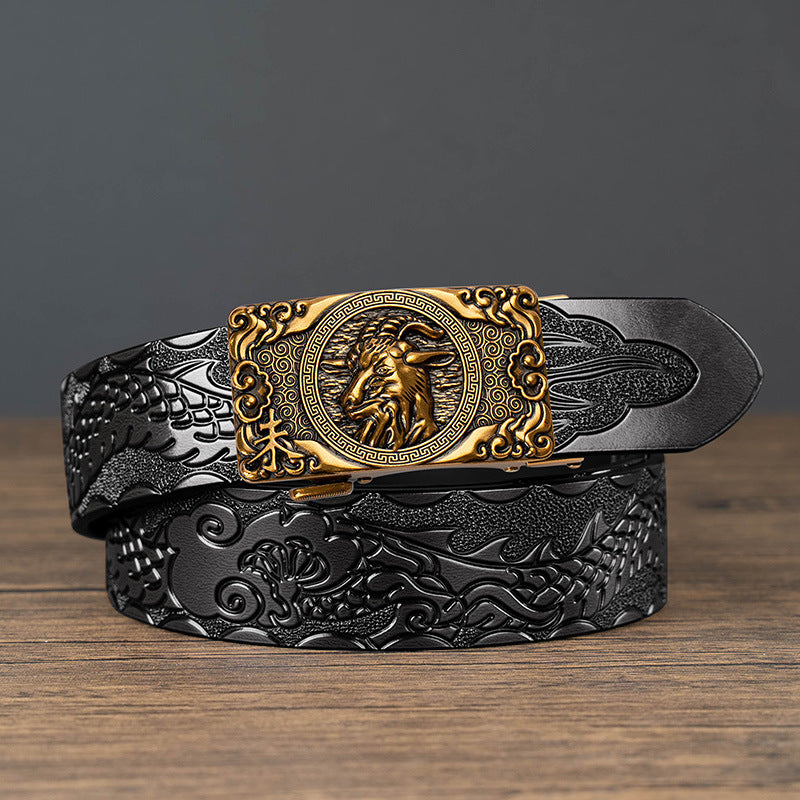 Nueva oferta: Cinturón con hebilla automática del zodiaco y grabado de dragón, de piel de vacuno de doble capa, moderno, informal y con un diseño atrevido.