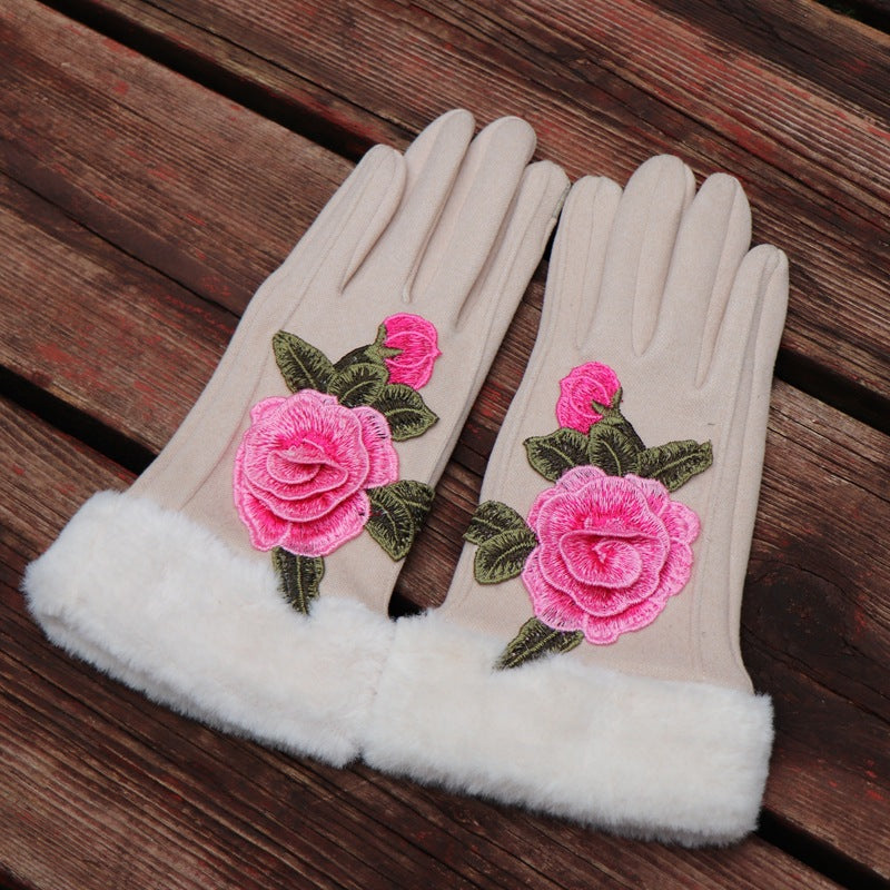 Guantes de dedos completos para mujer: diseño floral bordado étnico de Yunnan con ribete de piel sintética