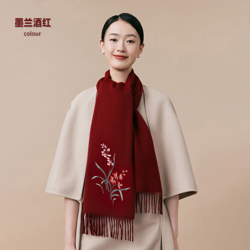 Premium Wine Red 100% Wool Scarf for Women – Chinese-Style Embroidered Winter Wrap