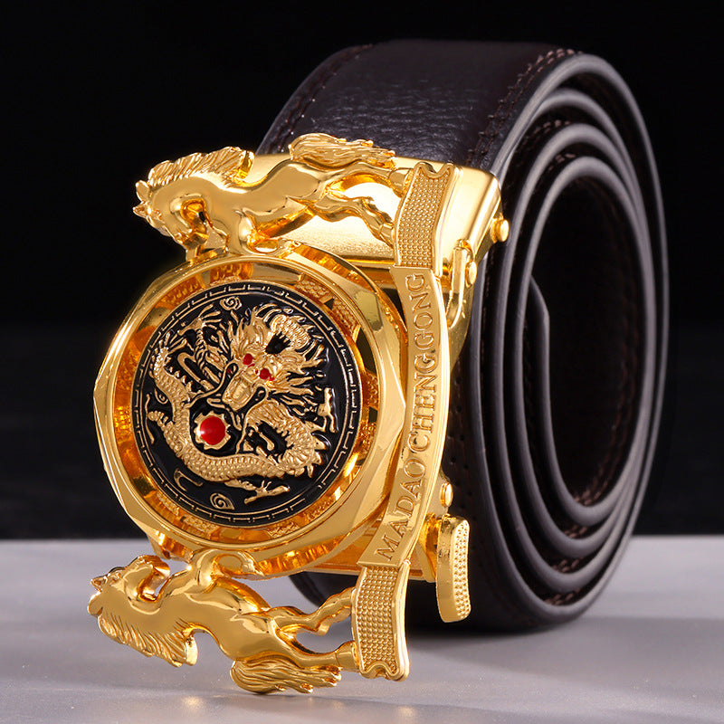Fortune-Enhancing Leather Belt for Men – Genuine Leather Automatic Buckle Belt with Zodiac Dragon & Horse Rotating Design