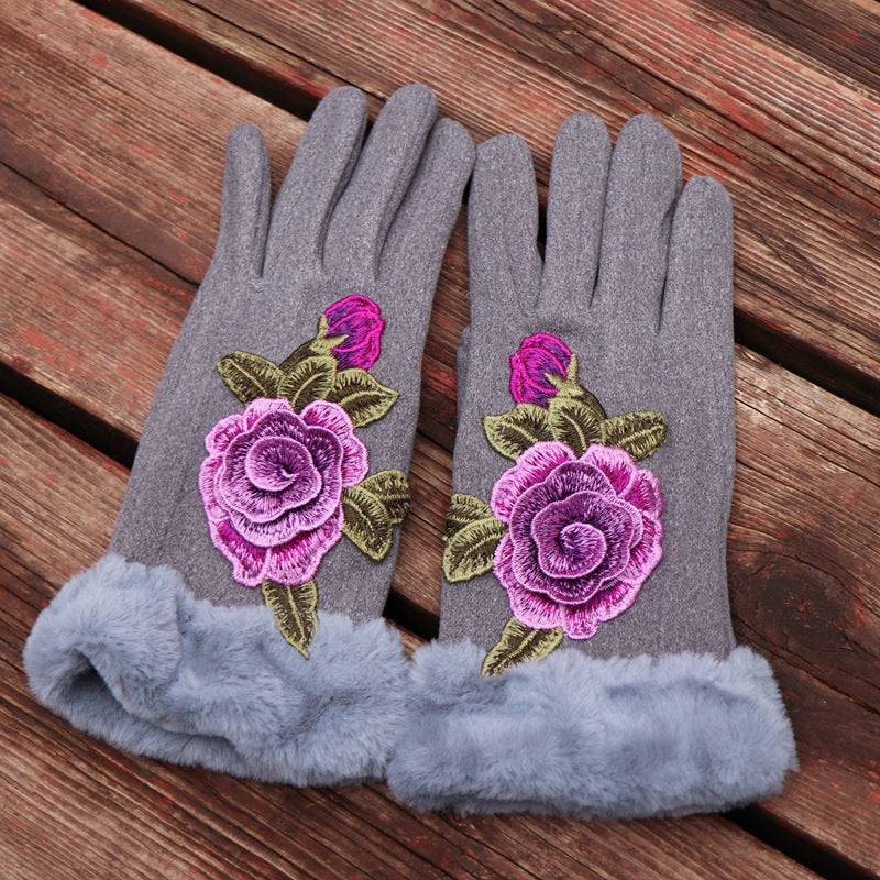 Guantes de dedos completos para mujer: diseño floral bordado étnico de Yunnan con ribete de piel sintética