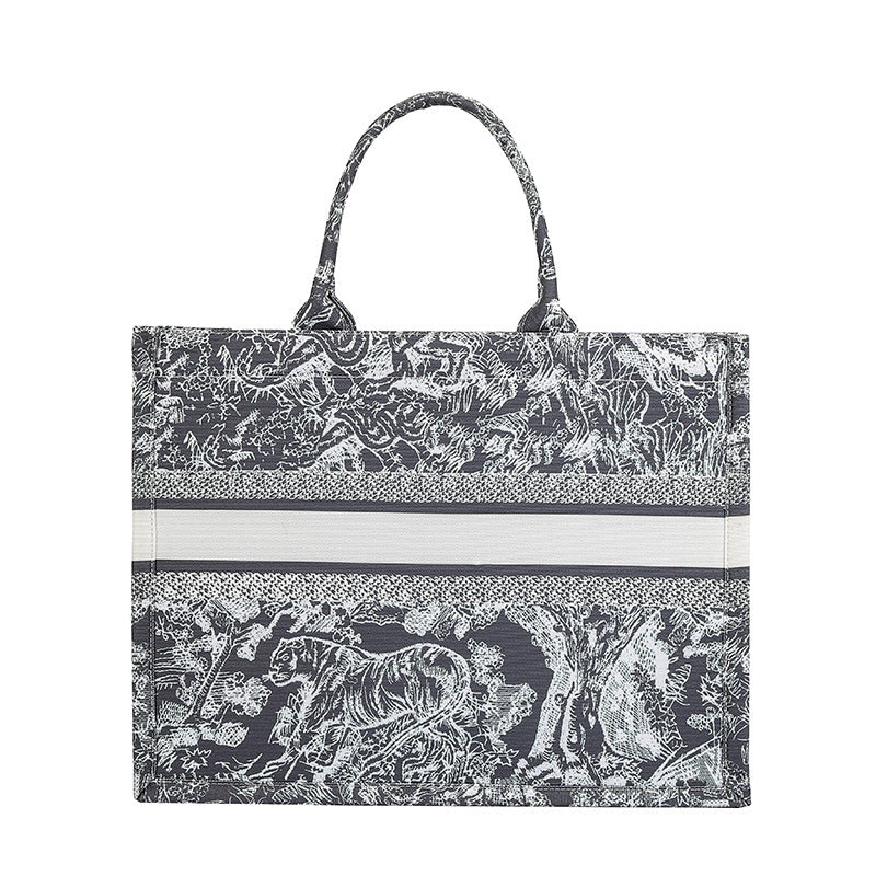Embroidered Canvas Tiger Tote Bag – Chinese Style Handbag for Shopping and Commuting