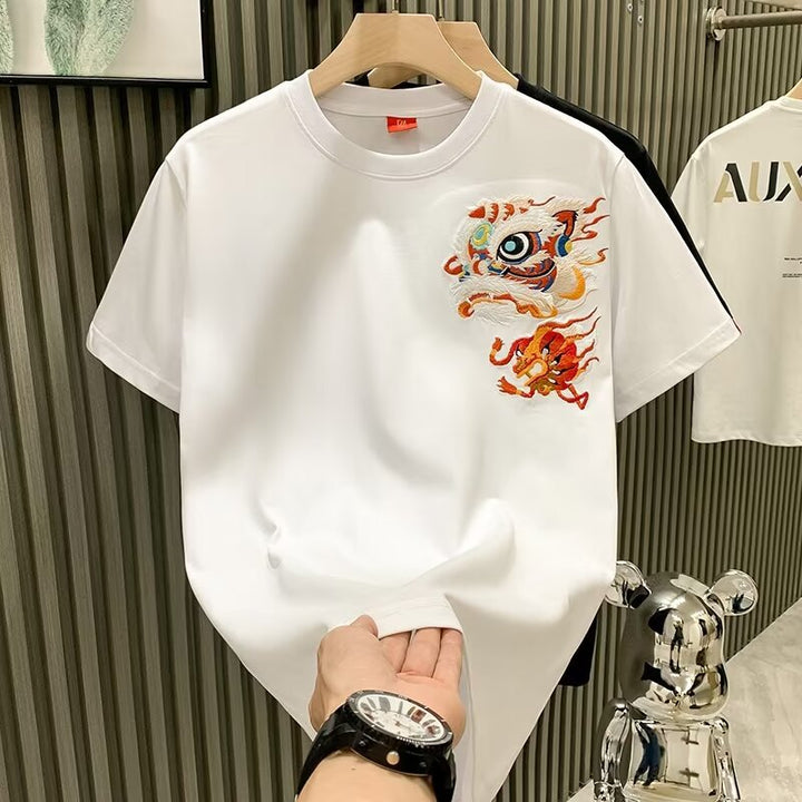 Camiseta de manga corta con bordado de león para hombre en verano, camiseta de hombros rectos de peso pesado, tops sueltos de estilo chino de moda, comercio exterior