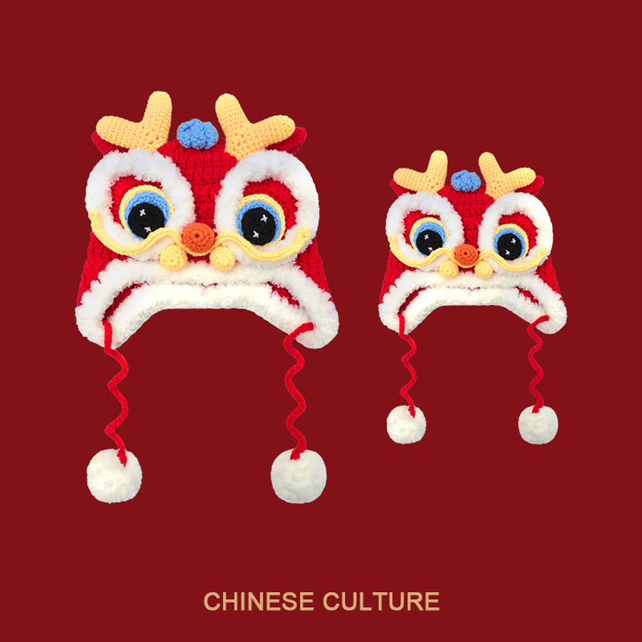 2024 Year of the Dragon Red Chinese Knit Tiger and Dragon Head Hat – Baby's Festive New Year Lion Head Hood