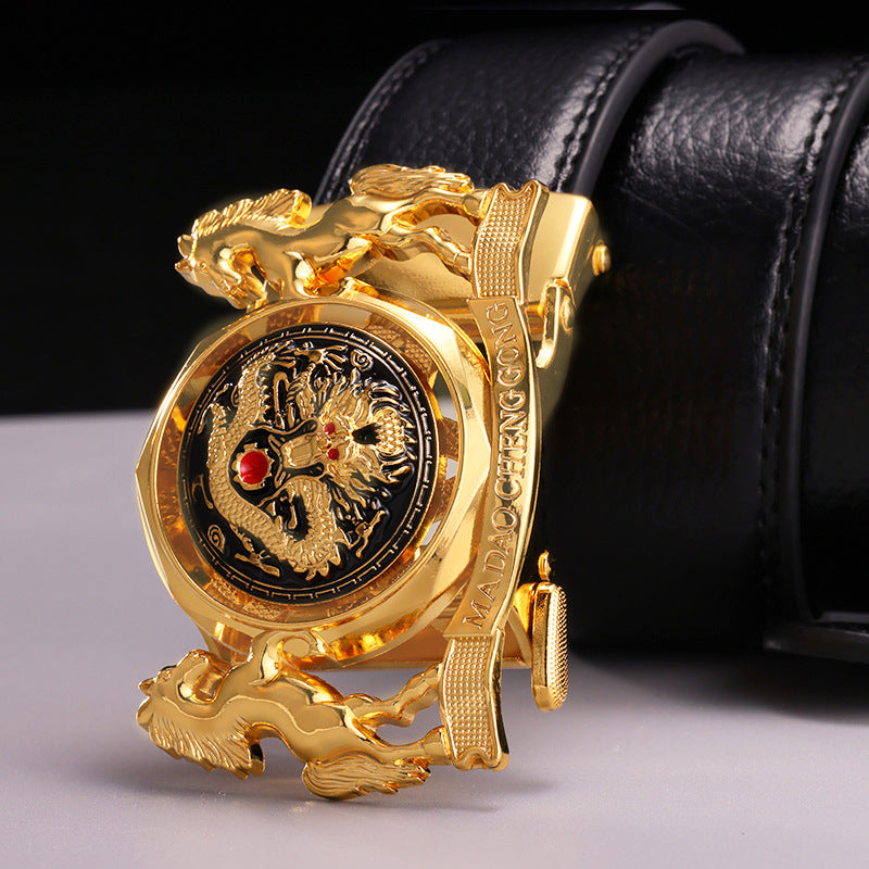 Fortune-Enhancing Leather Belt for Men – Genuine Leather Automatic Buckle Belt with Zodiac Dragon & Horse Rotating Design