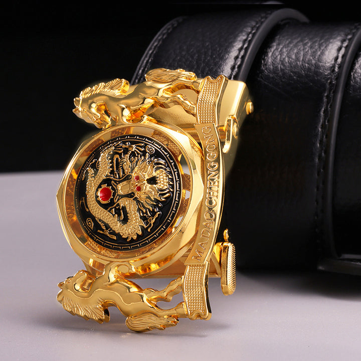 Fortune-Enhancing Leather Belt for Men – Genuine Leather Automatic Buckle Belt with Zodiac Dragon & Horse Rotating Design
