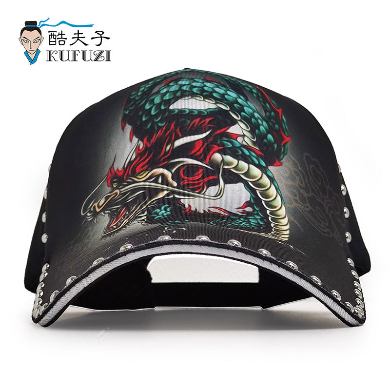 男士潮流运动棒球帽-休闲百搭时尚国潮青龙刺绣平顶帽纯棉硬顶