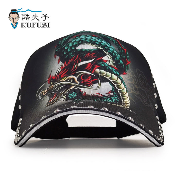男士潮流运动棒球帽-休闲百搭时尚国潮青龙刺绣平顶帽纯棉硬顶