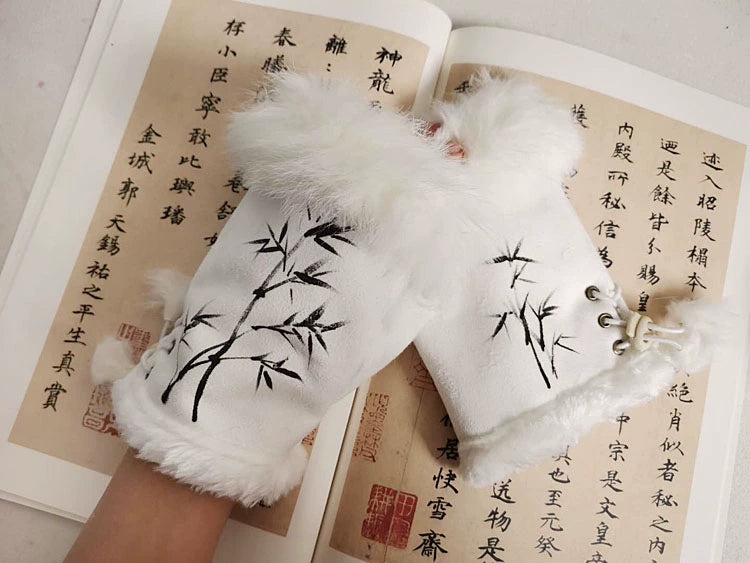 Guantes Qianqian de jade pintados a mano, de piel de conejo, cálidos, de medio dedo, hermosos guantes de invierno de estilo chino para mujer, edición de Navidad y Año Nuevo.