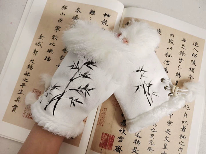 Guantes Qianqian de jade pintados a mano, de piel de conejo, cálidos, de medio dedo, hermosos guantes de invierno de estilo chino para mujer, edición de Navidad y Año Nuevo.