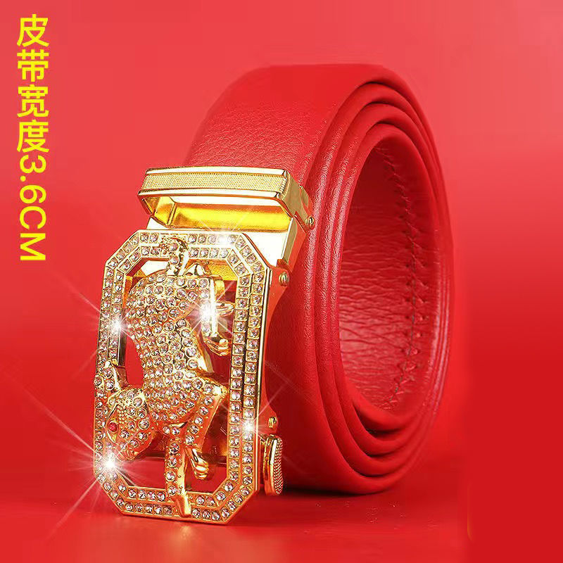 Cinturón del Zodiaco para Hombre: Piel Genuina, Hebilla Automática, Cinturón Rojo para el Año del Zodiaco, Ropa de Negocios e Informal, Regalo de Boda Perfecto