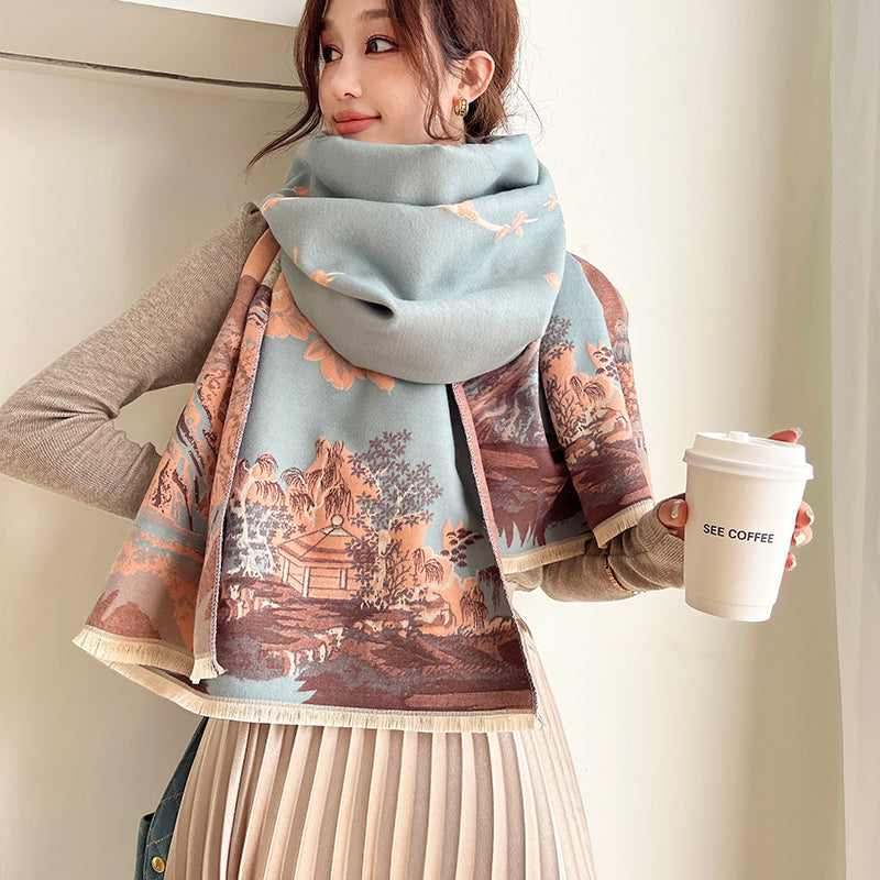 Bufanda de cachemira sintética gruesa y versátil de estilo chino para mujer, ideal para otoño e invierno, ideal para habitaciones con aire acondicionado, protección para el cuello y abrigo de doble uso.