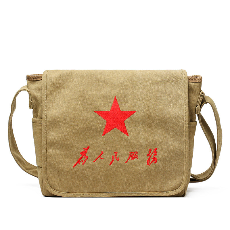 Vintage Mao Zedong "Serve the People" Red Army Bag, Lei Feng Canvas Five-Pointed Star Crossbody Bag, Red Star Shoulder Bag, Green Retro Style