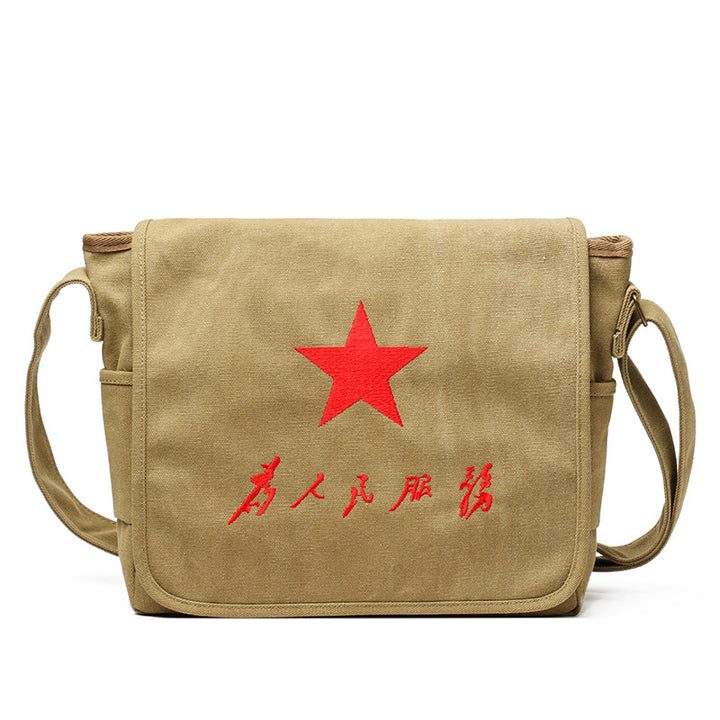 Vintage Mao Zedong "Serve the People" Red Army Bag, Lei Feng Canvas Five-Pointed Star Crossbody Bag, Red Star Shoulder Bag, Green Retro Style