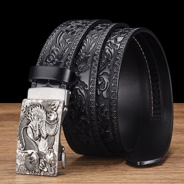 Cinturón de piel auténtica con cabeza de dragón: hebilla automática con diseño retro tallado, cinturón informal para vaqueros para hombres jóvenes.