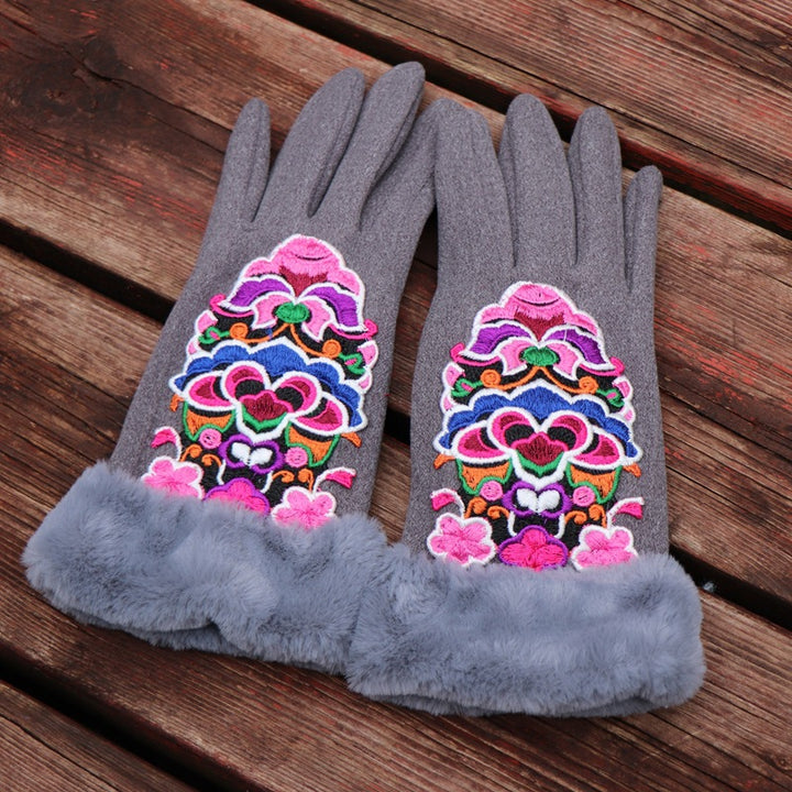 Guantes de dedos completos para mujer: diseño floral bordado étnico de Yunnan con ribete de piel sintética